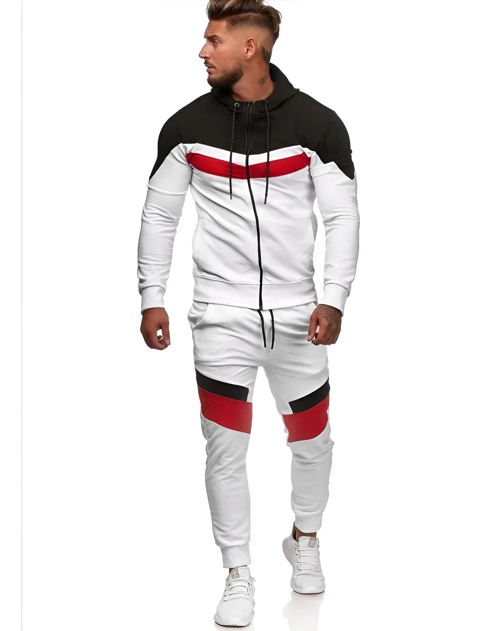 Colorblock hoodie sportswear cotton pullover in Red and White, front view, sizes M to 3XL