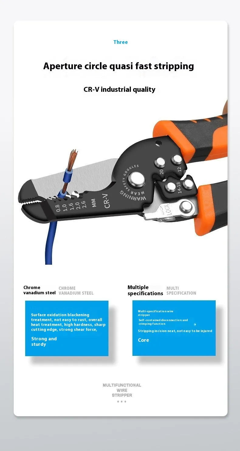 Fully automatic wire stripping pliers tool with high carbon steel blades.