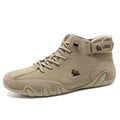 Men's khaki high-top ankle boots with a microfiber upper and rubber sole on a white background.