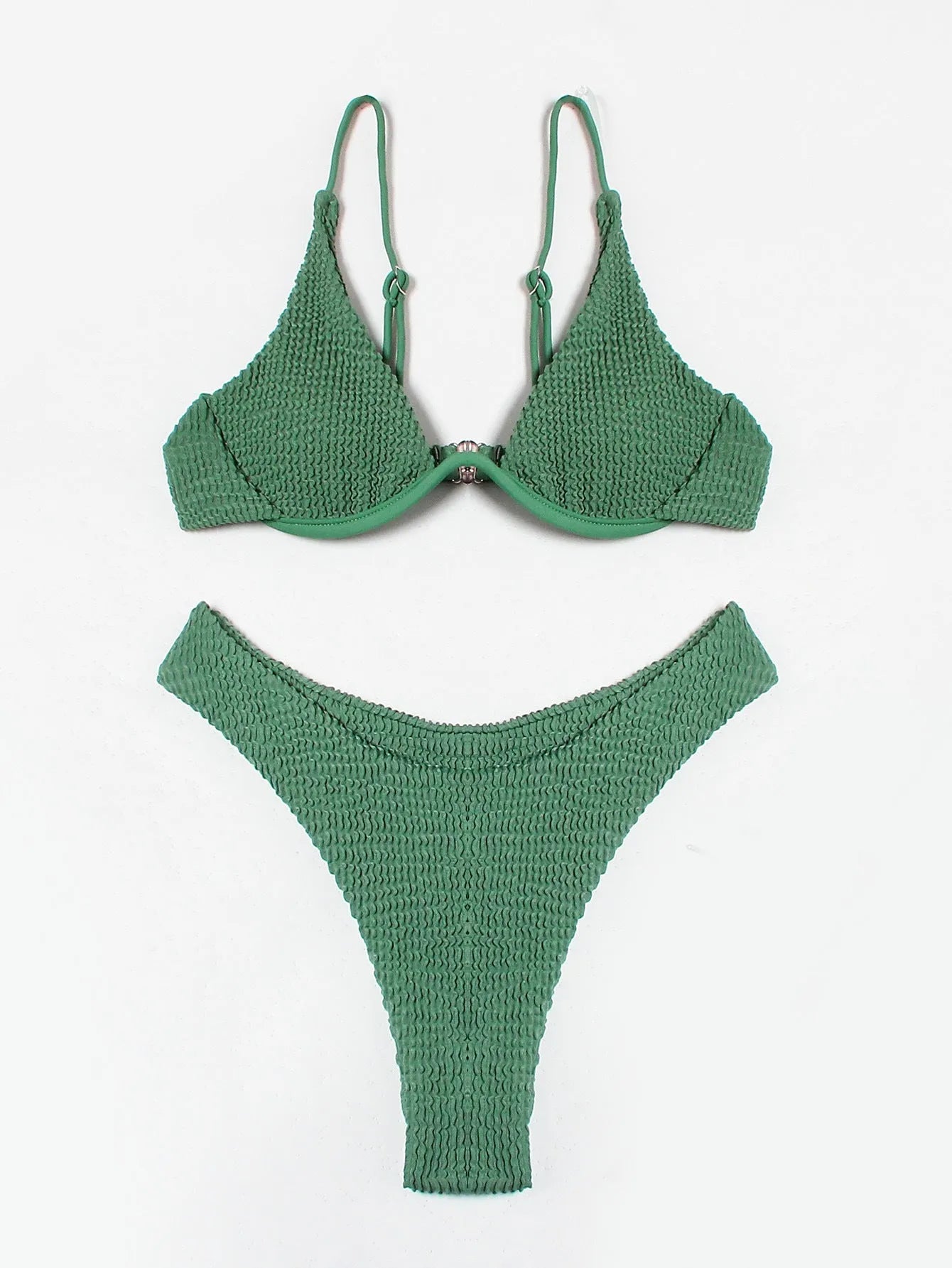 Women's green bikini swimsuit with ruffle trim top and split skirt bottom