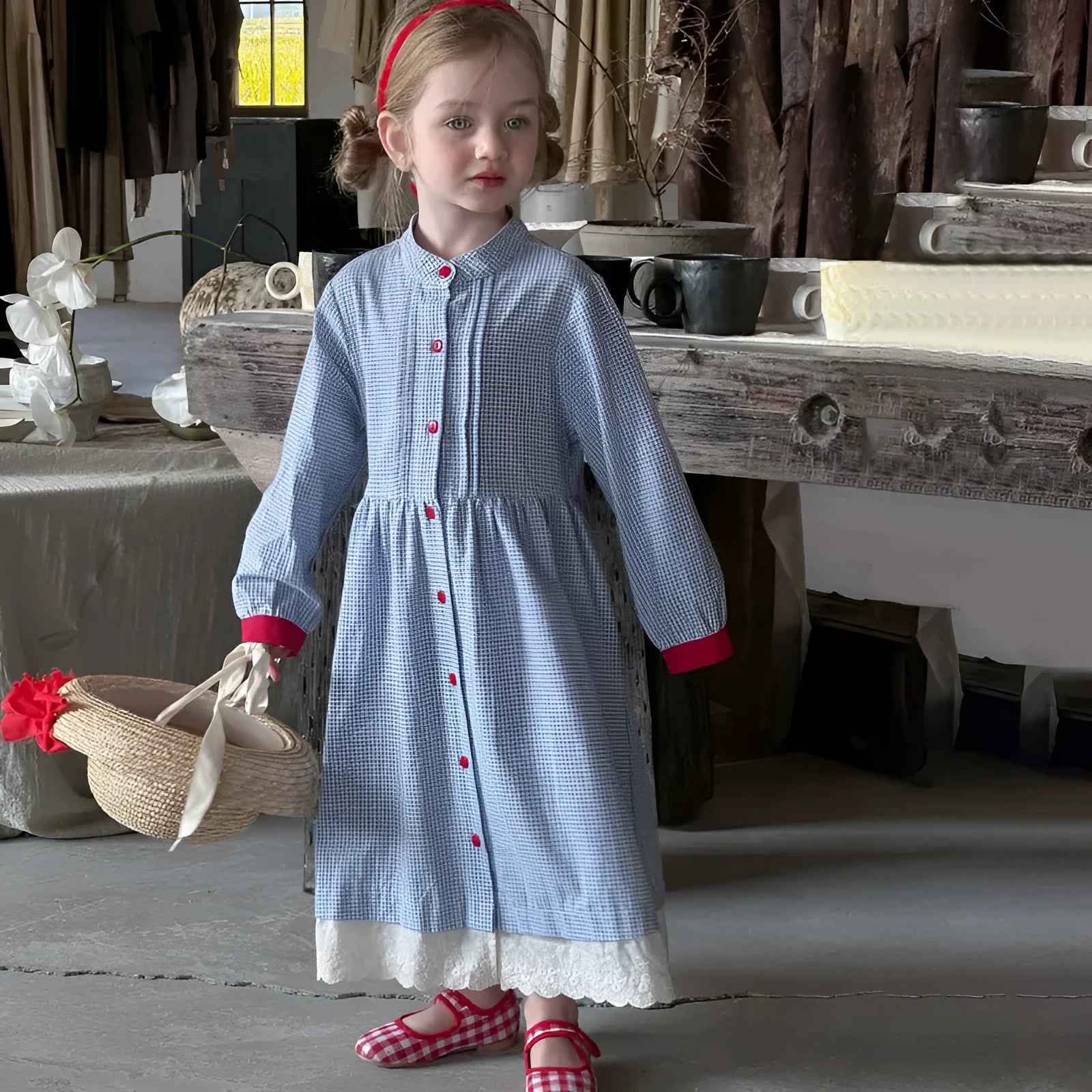 Blue plaid overknee cotton dress for girls, retro style, suitable for height 90-130cm