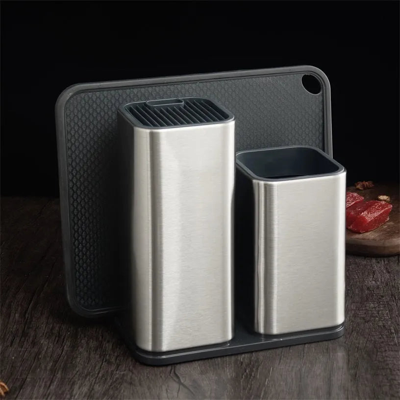 Stainless steel kitchen tool holder with storage bucket and detachable base for knives and cutlery