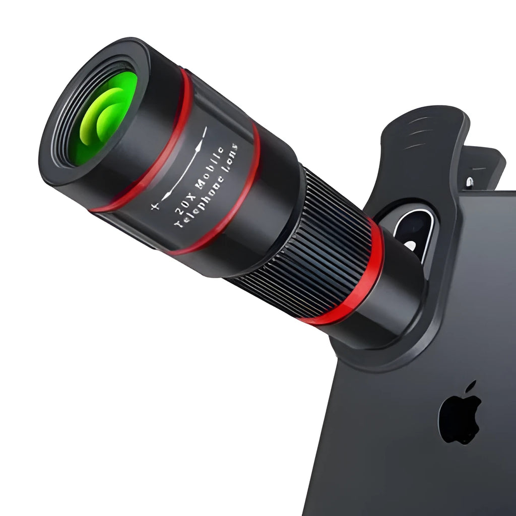 20x magnification smartphone telescope with plastic body, optical glass lens, and universal mounting clip