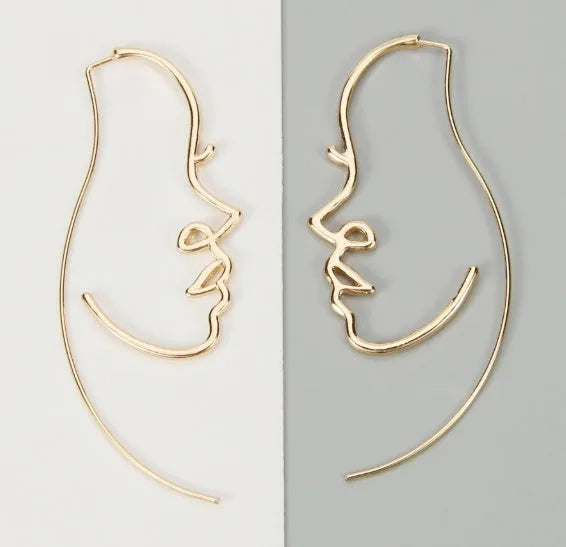 Creative abstract face contour earrings in gold and silver metal finishes, 75 by 35mm