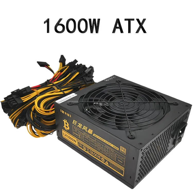 Black high-wattage computer server power supply unit with multiple cable connectors.