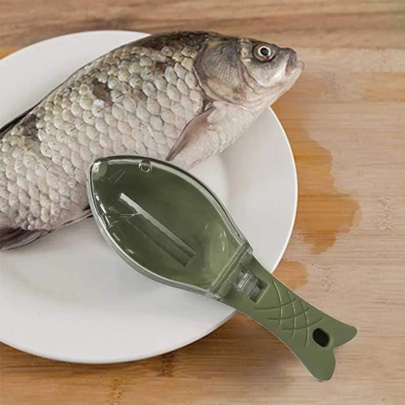 Fish-shaped scale scraper with removable knife and containment cover