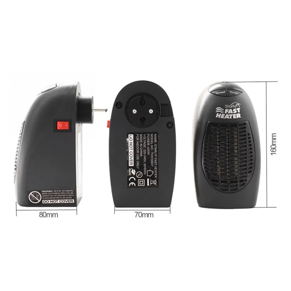 Black compact ceramic electric heater with digital display and a rotating plug on a white background.