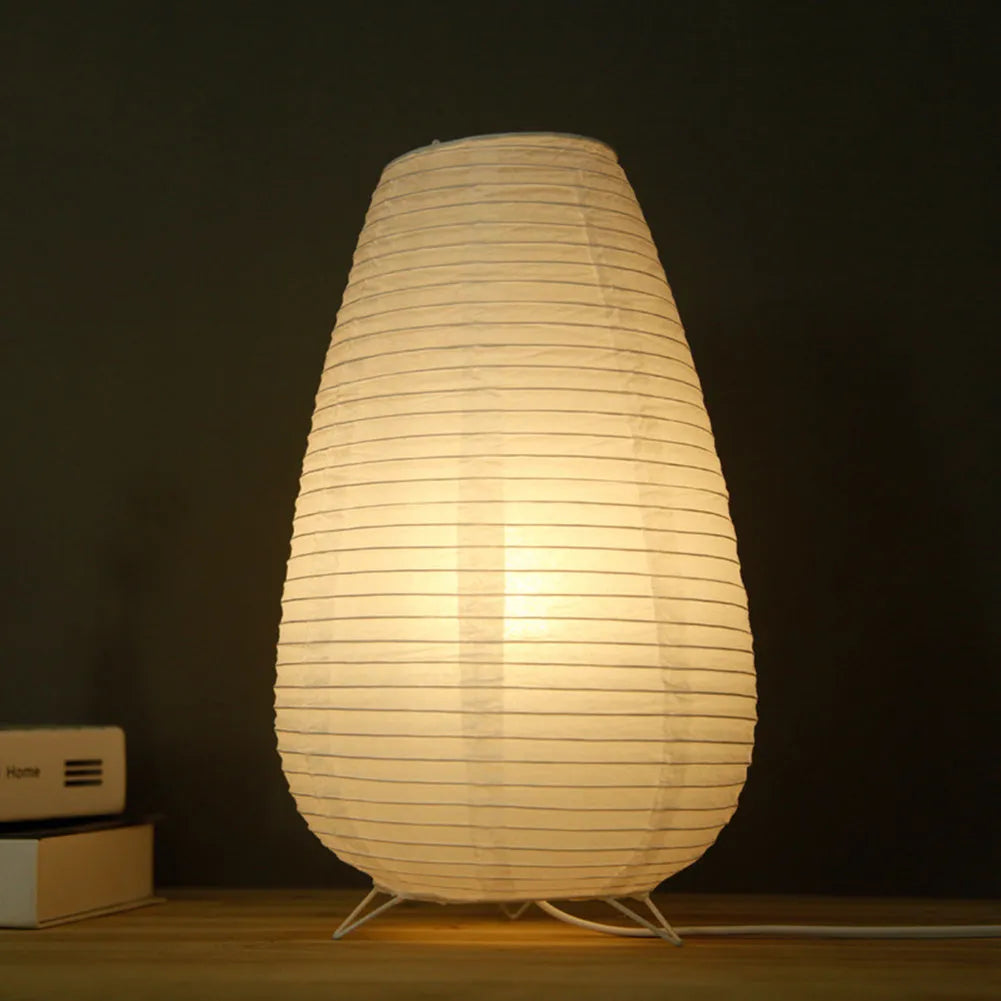 White handcrafted rice paper table lamp with plug for bedside or desk use
