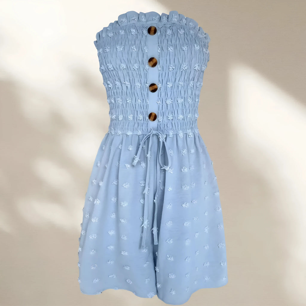 Women's blue sleeveless off-shoulder jumpsuit with button detailing and mid waist design