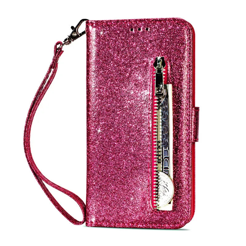 PU leather zipper wallet case for iPhone with card slots and coin storage