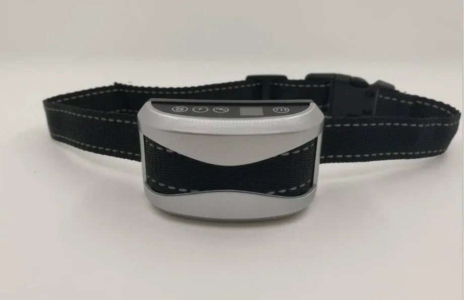 Digital bark training collar with adjustable strap on black, gold, and silver colour backgrounds