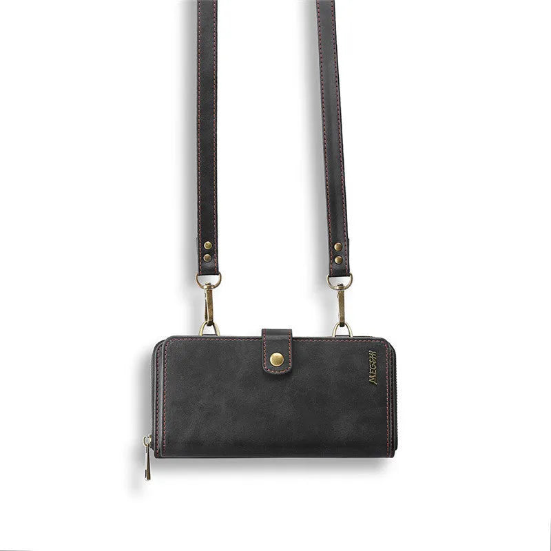 Detachable leather wallet phone case in black, shown fitted on an iPhone 12 Pro Max.