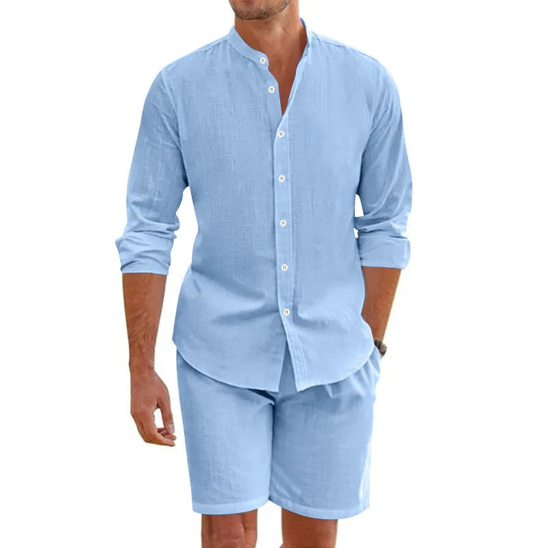 Men's dark gray linen-blend short sleeve shirt and matching drawstring shorts set for summer
