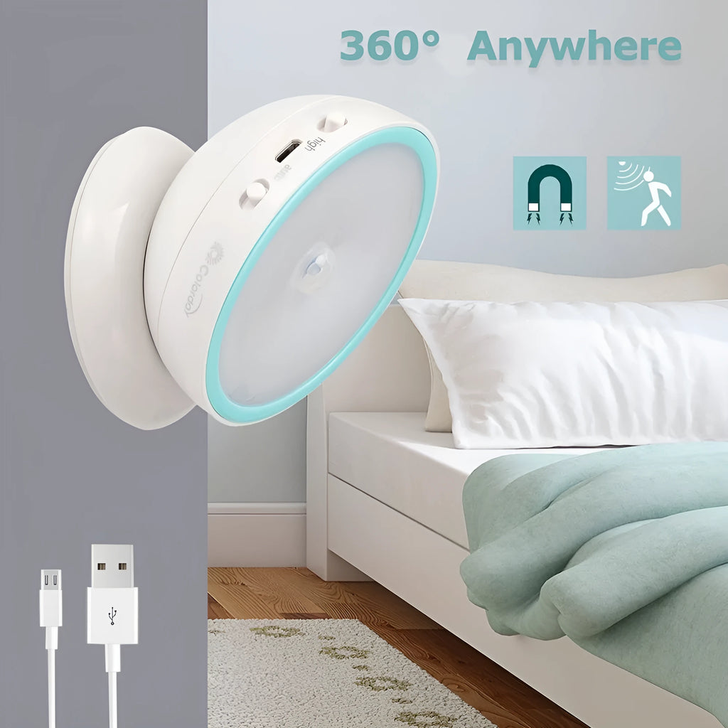 White ABS human body induction night light with 360-degree rotating LED head and magnetic base, dual colour temperature and brightness settings.