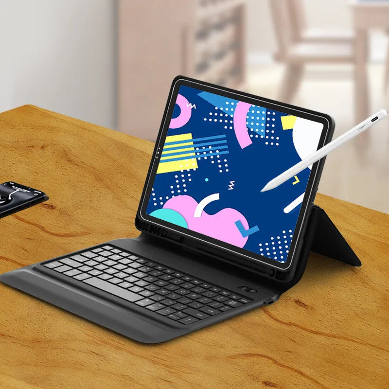 Black ultra-thin wireless Bluetooth keyboard leather case for iPad in flip-style design