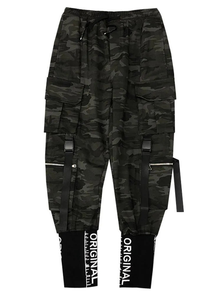 High-end cargo pants with embroidery for men, loose fit, nine-tenths length, mid-waist, black colour option