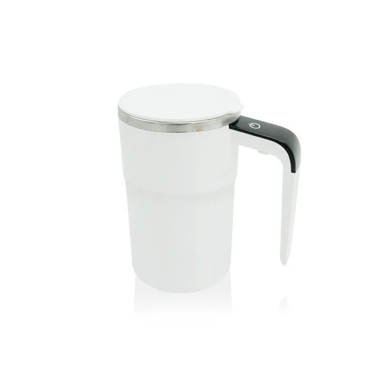 White automatic stirring electric mug with LCD temperature display and USB charging cable