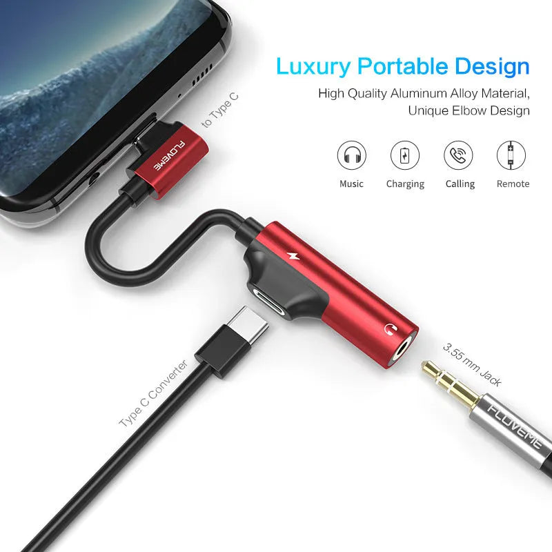 Black Lightning to 3.5mm audio adapter with charging port for iPhone headphones and power