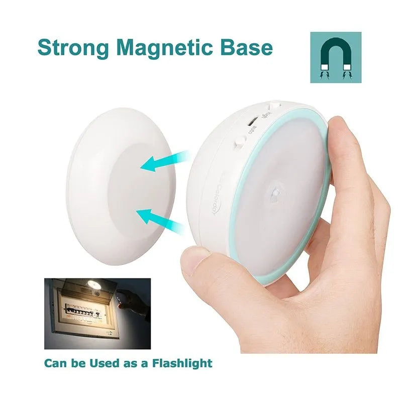 White ABS human body induction night light with 360-degree rotating LED head and magnetic base, dual colour temperature and brightness settings.