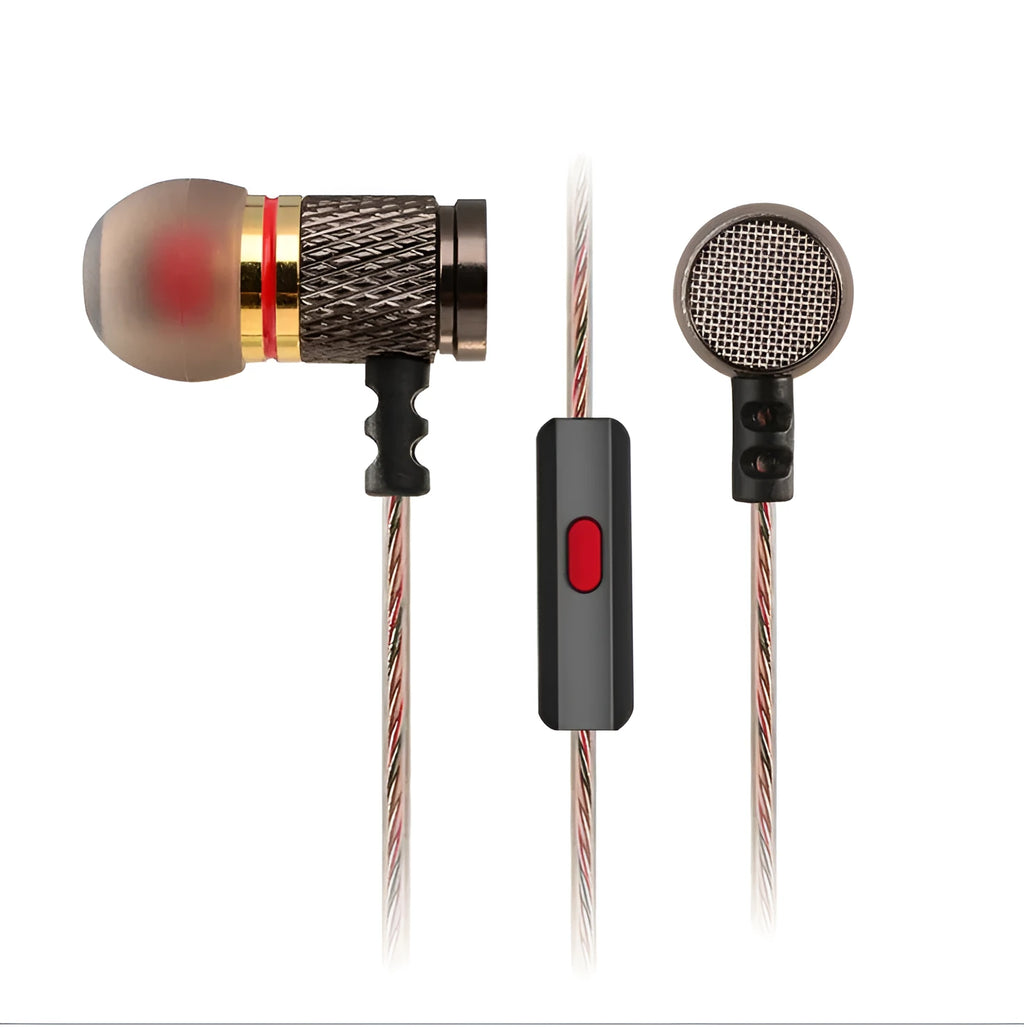 Close-up of wired in-ear headphones with metal housing, silicone cable, and TPE earplugs shown in standard and with microphone styles.