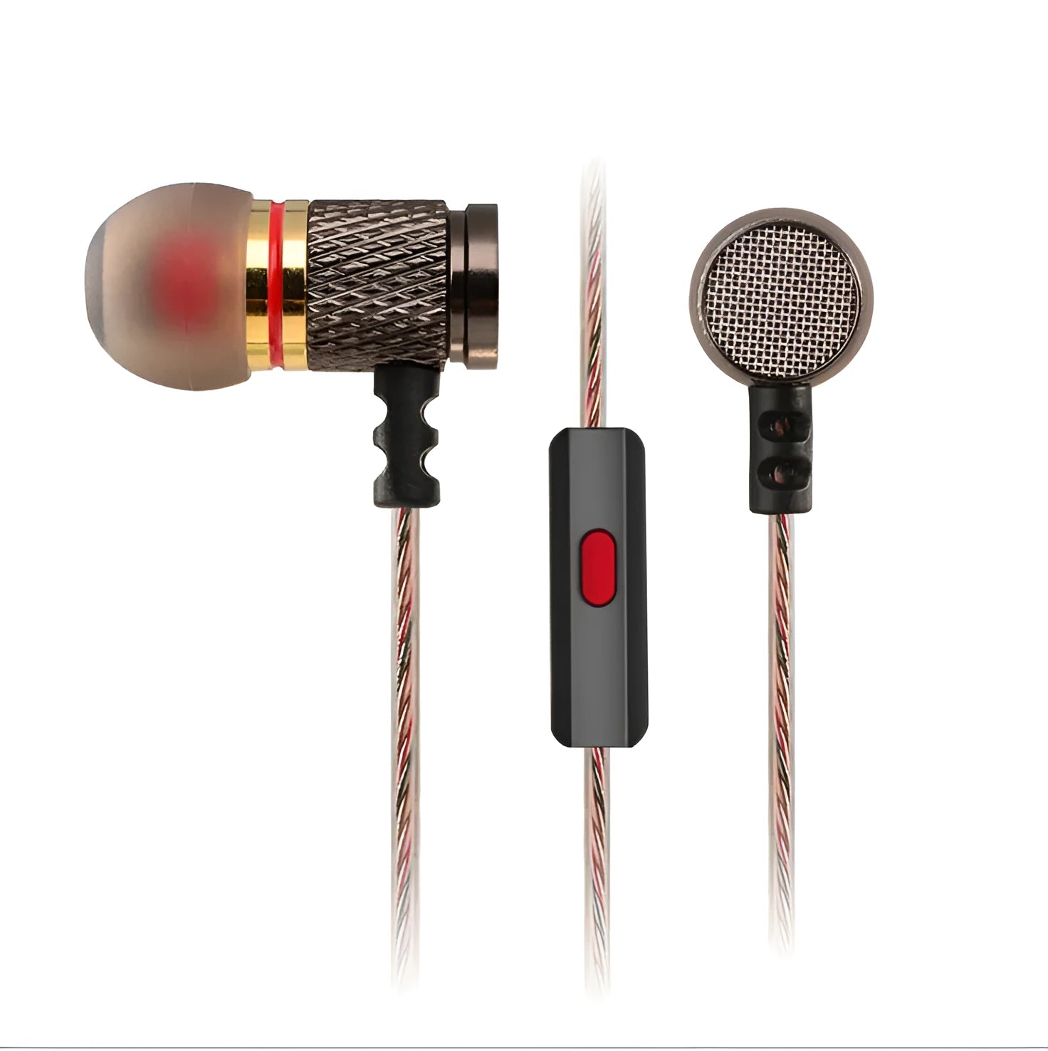 Close-up of wired in-ear headphones with metal housing, silicone cable, and TPE earplugs shown in standard and with microphone styles.