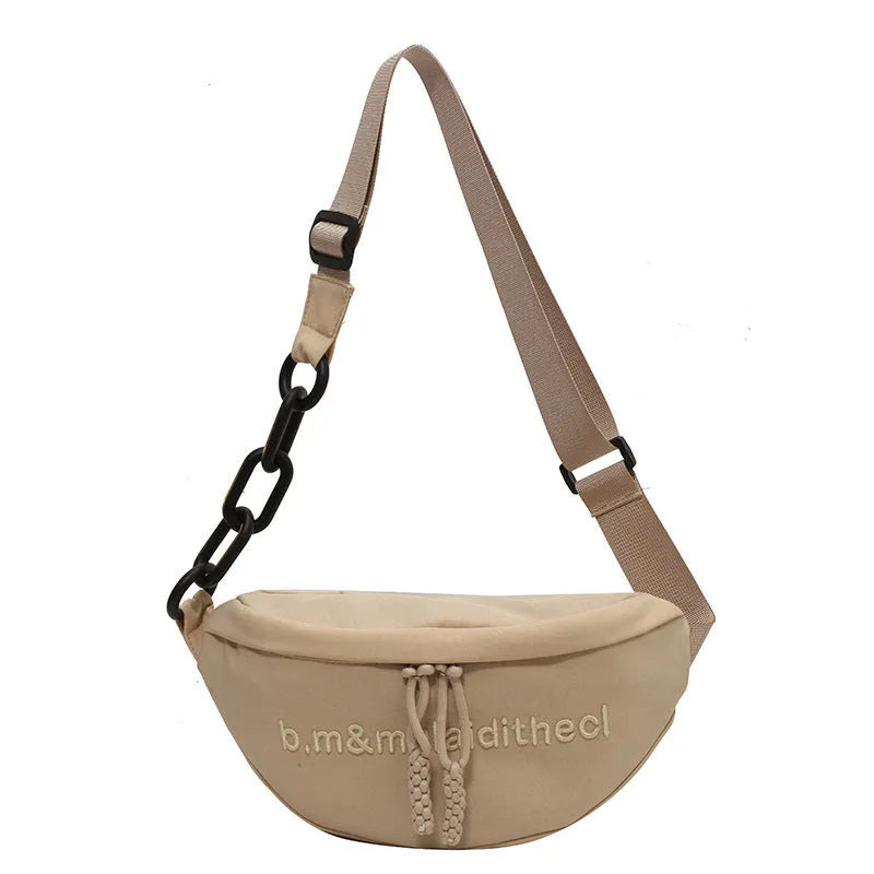 Women's nylon sports shoulder bag in beige with letter and embroidery details and chain accent