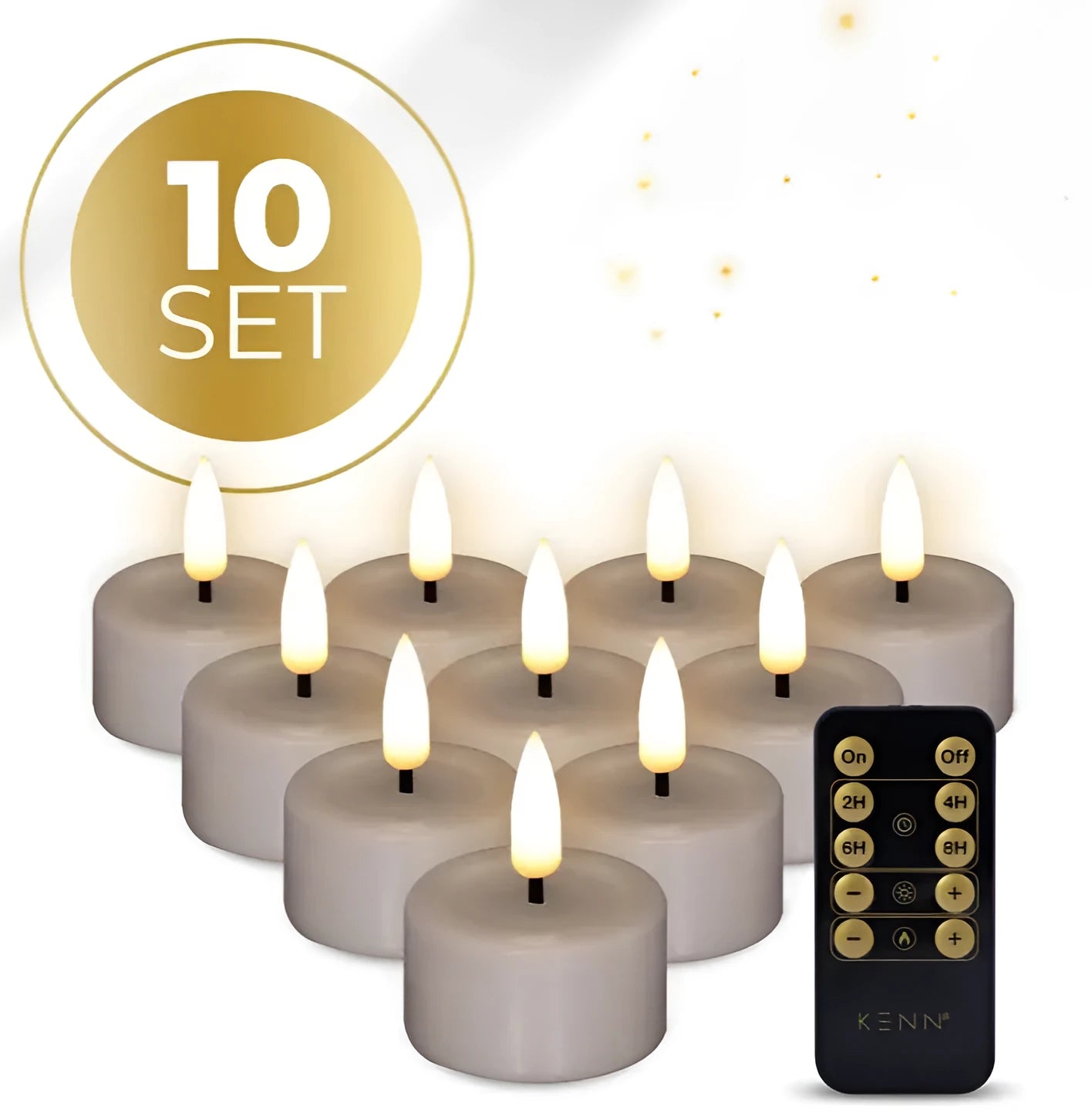Taupe-coloured LED tealight candle with realistic 3D flickering flame effect on a table.