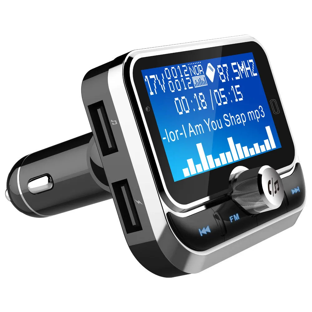 Silver car MP3 player with LCD display, Bluetooth, USB charging, and TF card slot