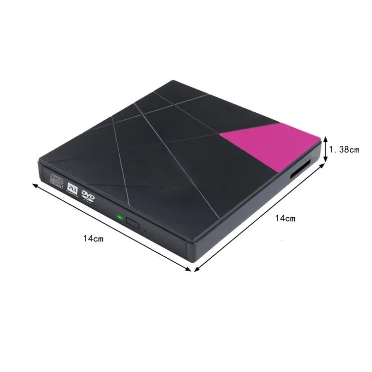 USB external DVD burner with card reader, 24X speed, rose gold finish, compact 152x142x20mm size on white background