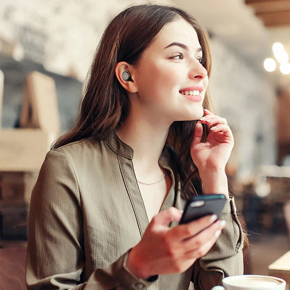 Touch control wireless Bluetooth earbuds in black, white, red, and blue colours showing earbud design.