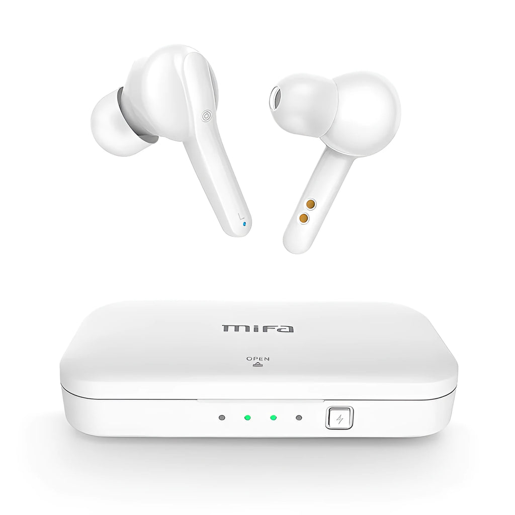 Black and white true wireless earbuds with charging case, showcasing compact plastic design for Bluetooth audio