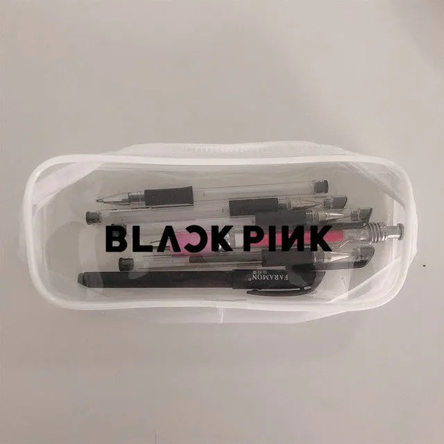 Transparent silicone K-Pop pencil case with BTS print, 20 cm strip design on white background
