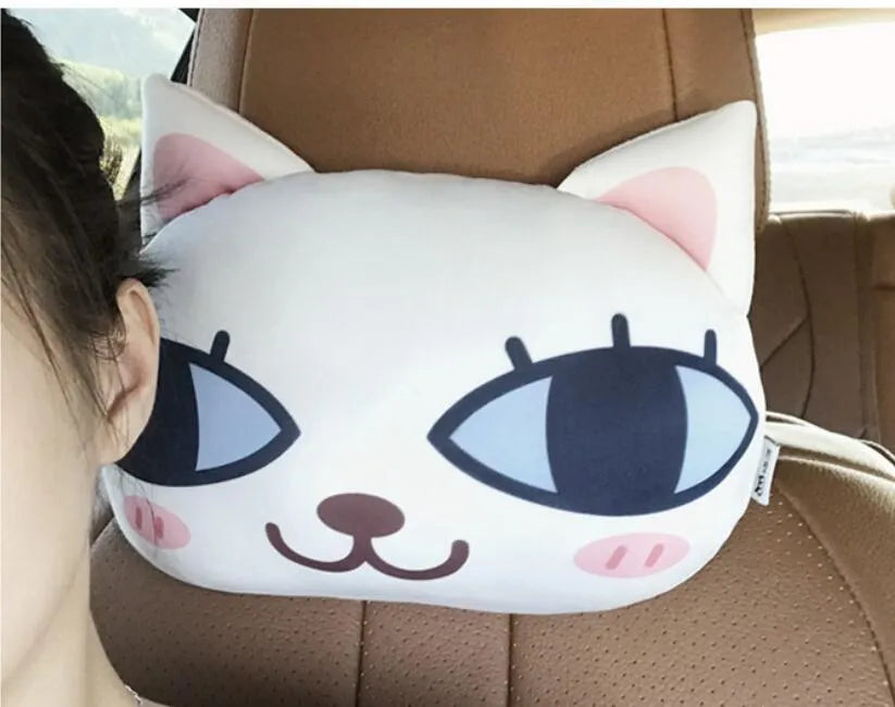Cat car headrest pillow with cartoon print, oblong shape, removable cover for adult seat