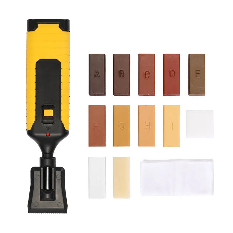 Floor repair tool with red or yellow handle and wax sticks for tile surface restoration