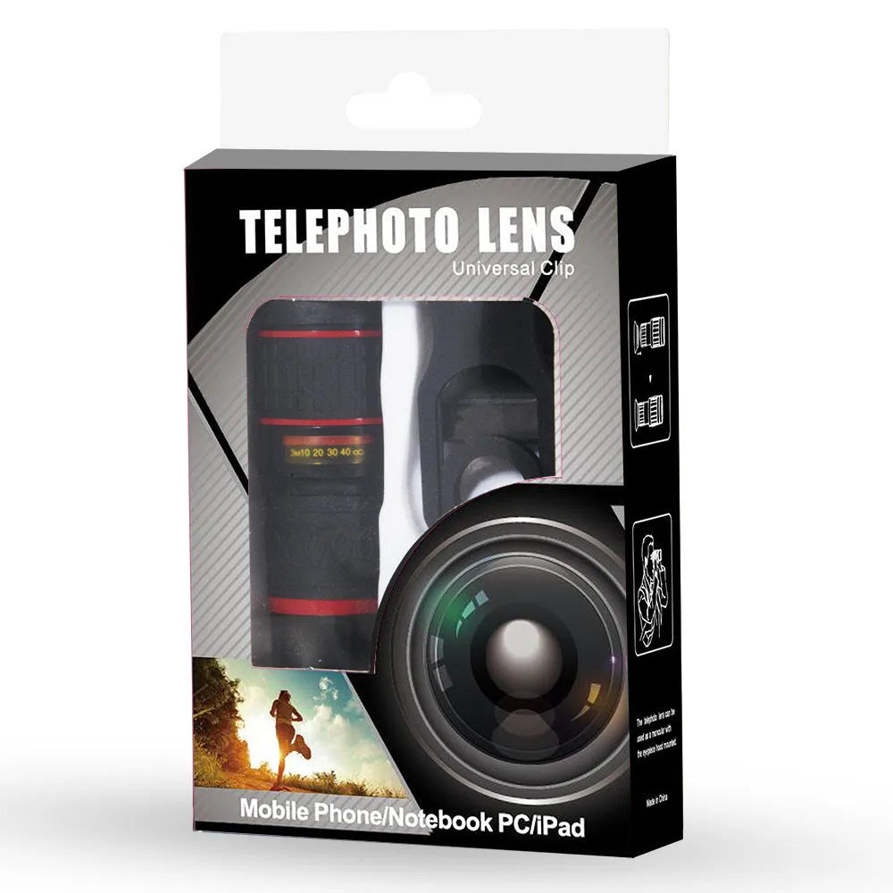 20x magnification smartphone telescope with plastic body, optical glass lens, and universal mounting clip