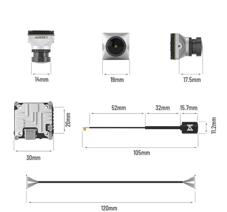 Silver Caddx ADAPTS digital image transmission unit for DJI FPV drones with connection cables and mounting screws.