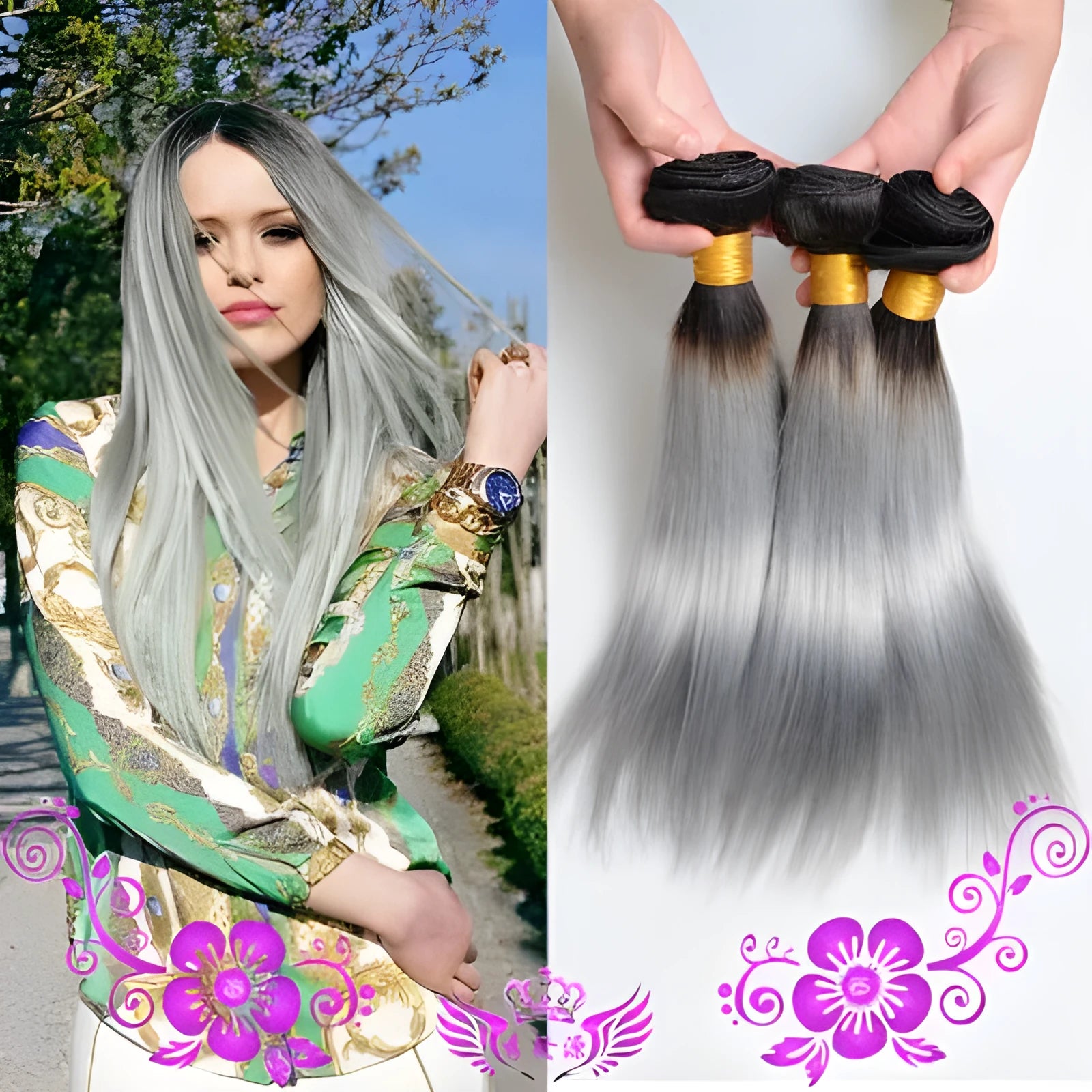 Smoke gray real hair wig with soft silk texture, available in 8 to 30 inch lengths for women