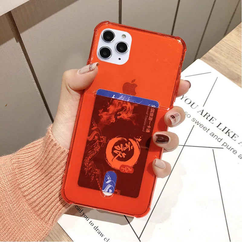 Transparent silicone card holder iPhone case showing card storage compartment with solid colour back cover