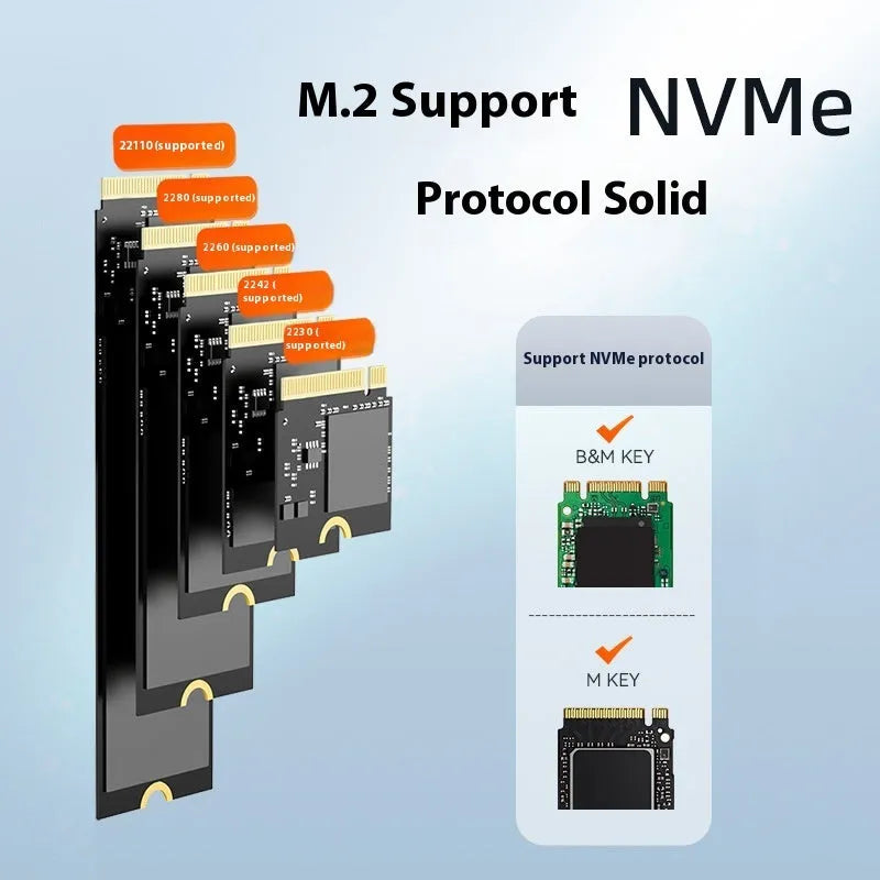 Black external NVME solid-state drive enclosure with USB Type-C port