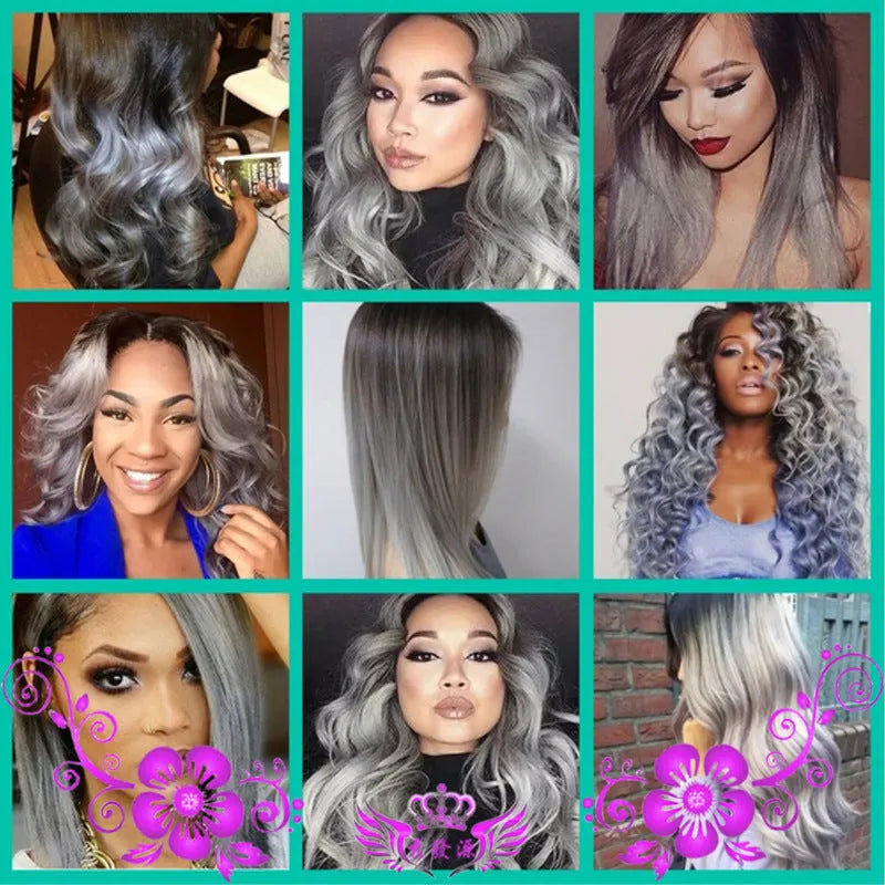 Smoke gray real hair wig with soft silk texture, available in 8 to 30 inch lengths for women