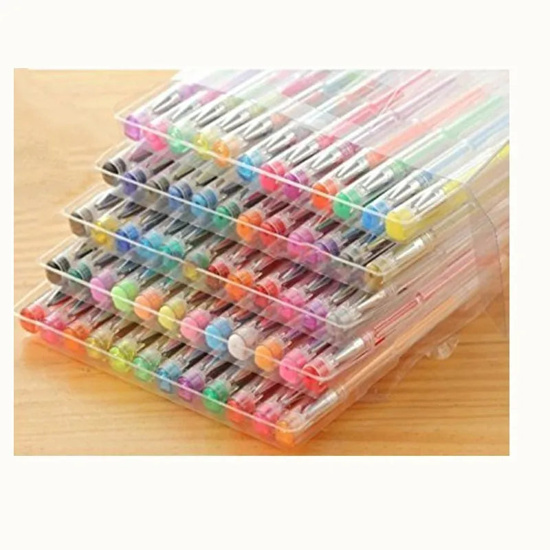 100 assorted colour gel pens with plastic barrels and dual 0.5mm and 1mm tip sizes.