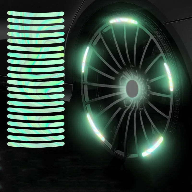 20-piece set of 7-color laser reflective wheel stickers on a car wheel, each 90x7mm