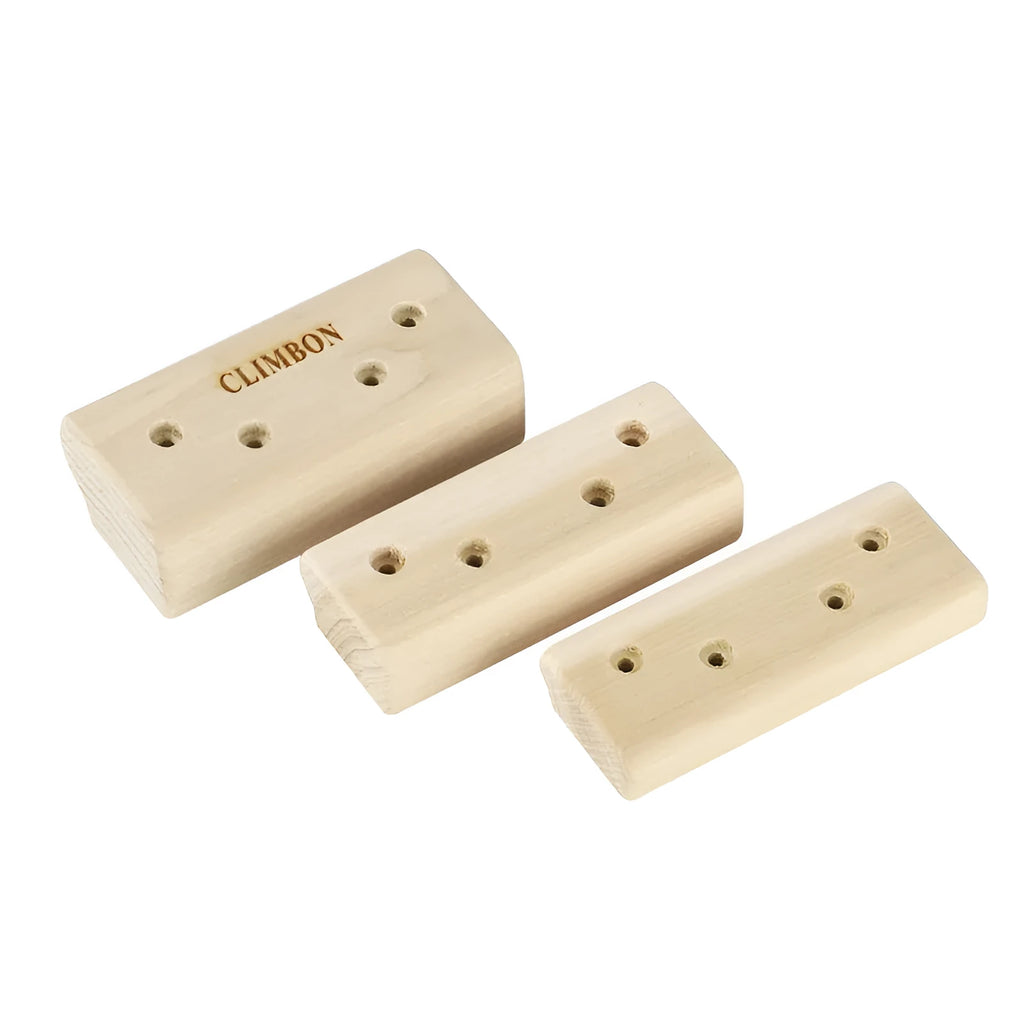 Three solid wooden hangboards in 12cm, 40cm, and 50cm lengths for grip strength training