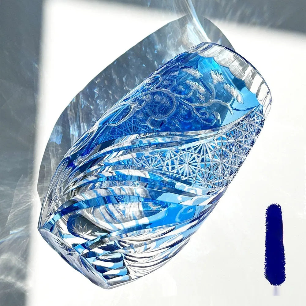 Blue cut crystal glass cup 80x190mm with Japanese-Jianghu style on a table