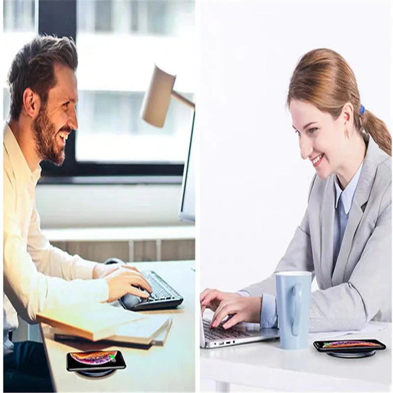 Black aluminium alloy 15W Qi wireless charging pad on a table with LED light.