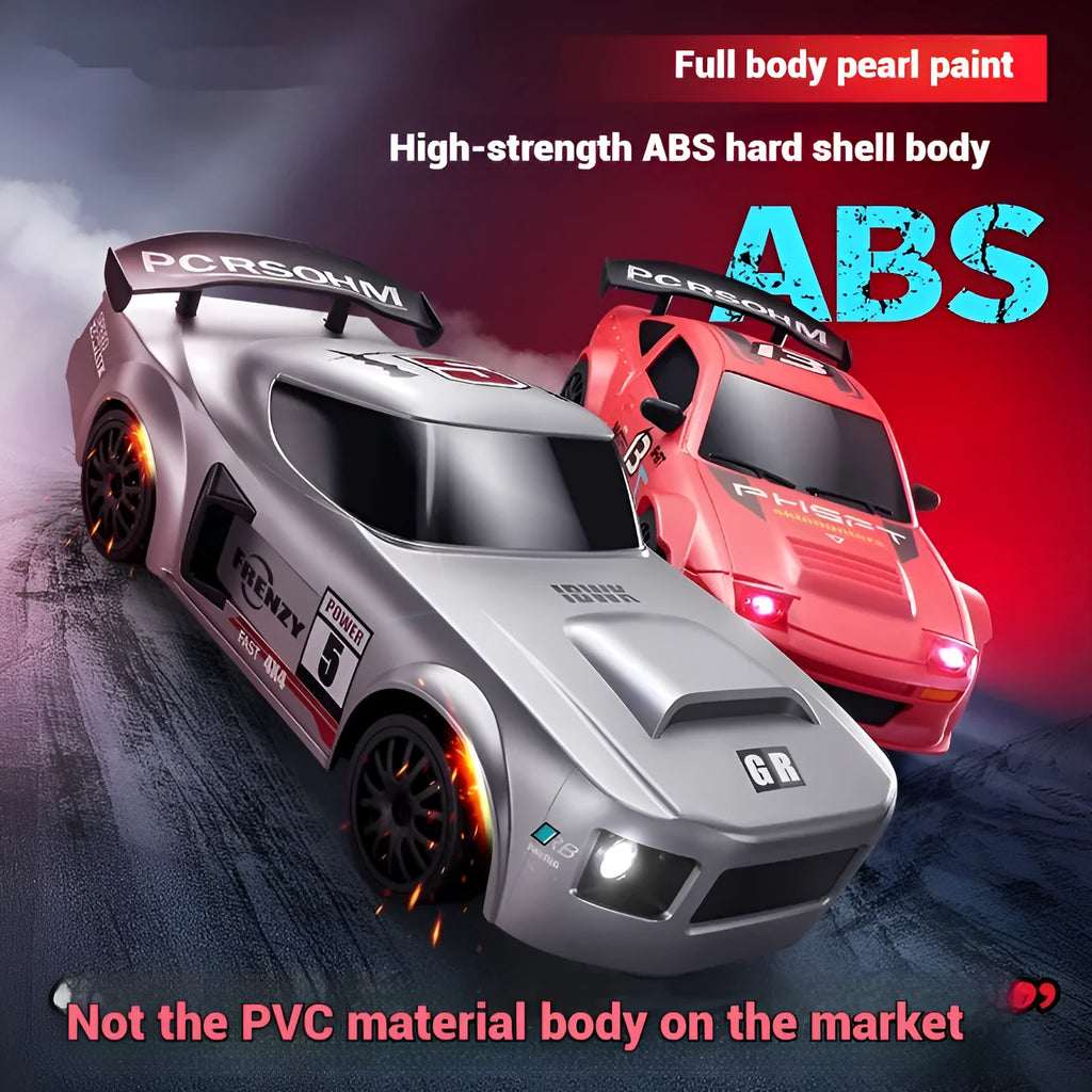 Remote control car in 1:43 scale, four-wheel drive, silver Porsche style, plastic body on light background