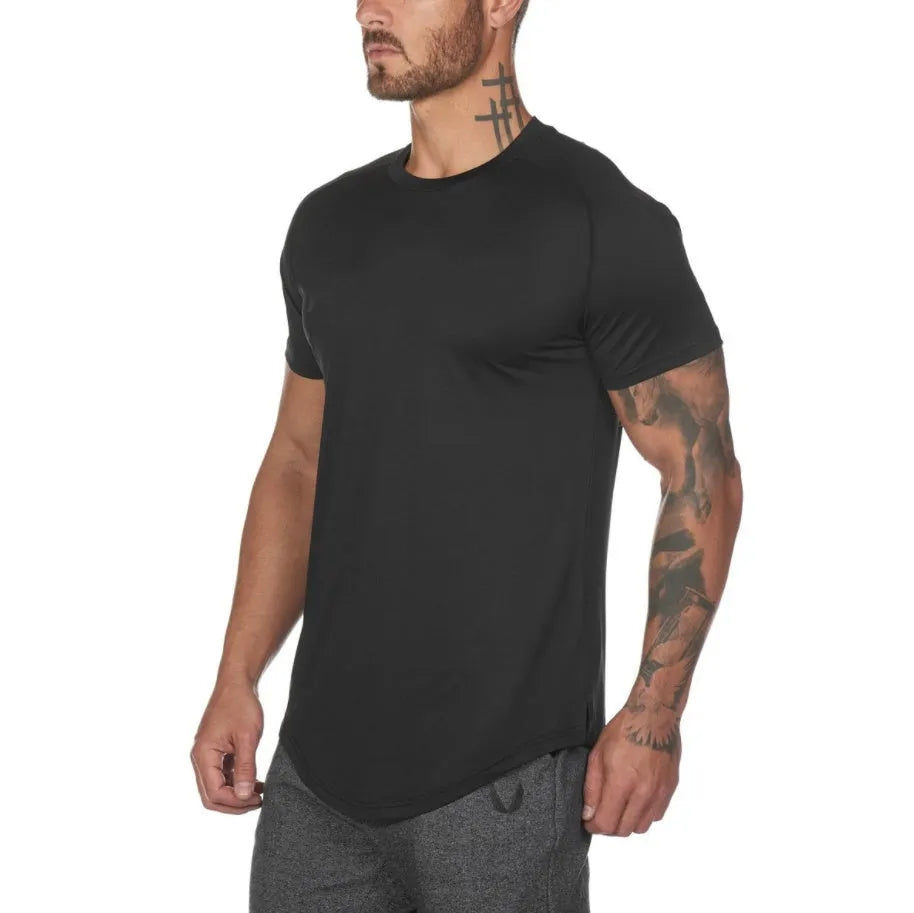 Custom mens fitness sports shirt in cotton-spandex blend, showing colour options: Army Green, Black, and White, some with a letter print.