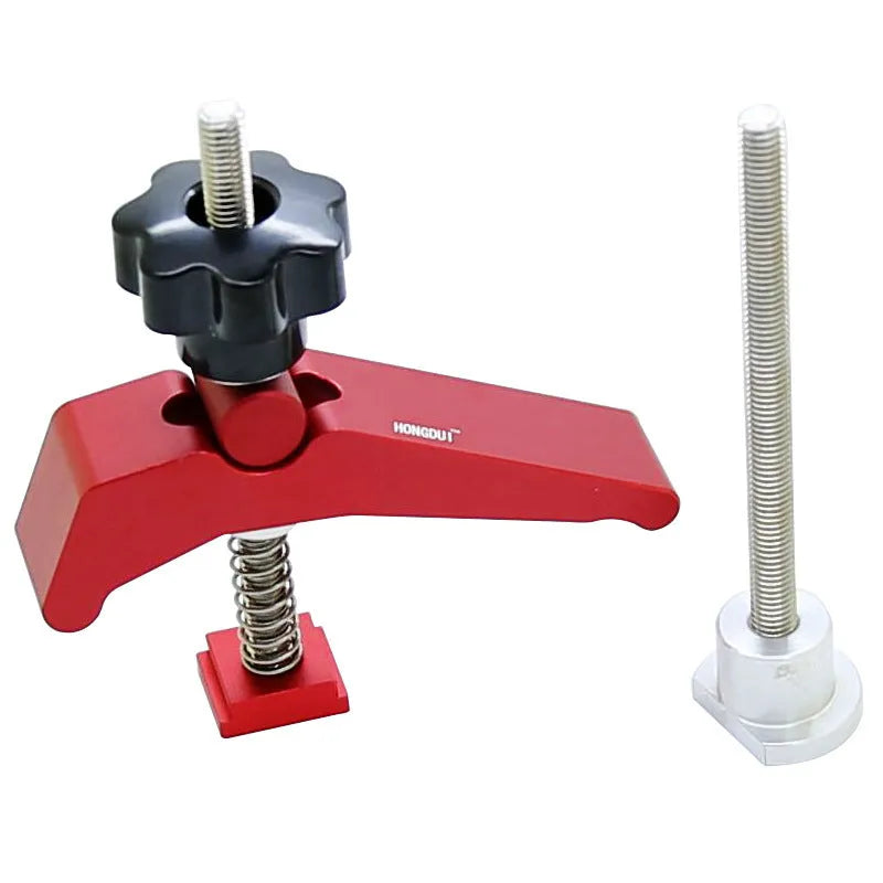 Red aluminium alloy woodworking table block slide holder with a flat mouth and handle.