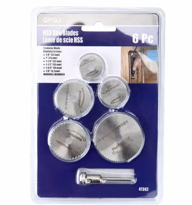 Six high-speed steel circular saw blades and a mandrel arranged on a surface.