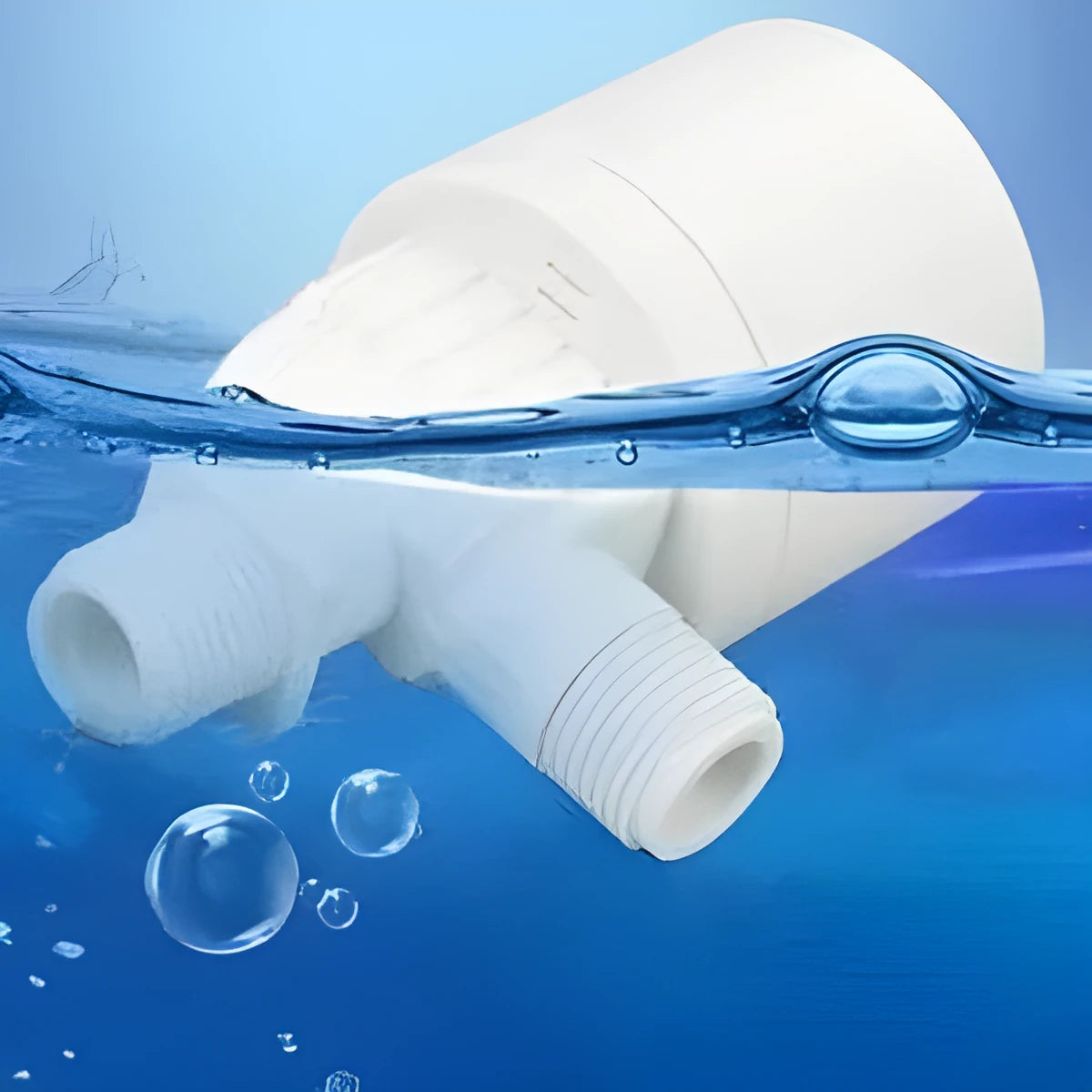 White automatic float valve made of nylon with threaded connection for water pipe installation.